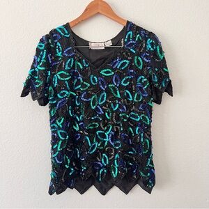 Vintage 80s Lawrence Kazar Silk Sequin Top Sz M